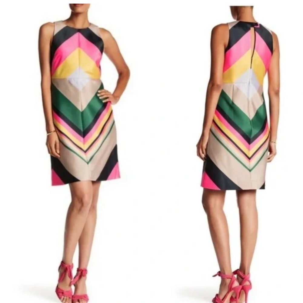 J Crew Petite Shift Dress Colorful Stripe Sleeveless Zip Back Pink Yellow Navy - Picture 15 of 15